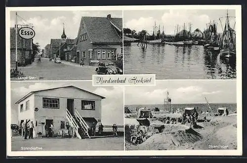 AK Hooksiel, Strandcafe, Lange Strasse mit Esso Tankstelle, Hafenansicht, VW Käfer
