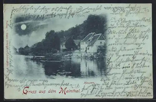Mondschein-AK Hausen /Mainthal, Wasserpartie mit Blick auf den Ort