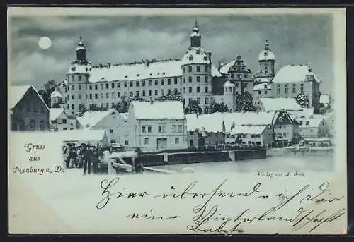 Mondschein-AK Neuburg a. D., Ortsansicht im Schnee