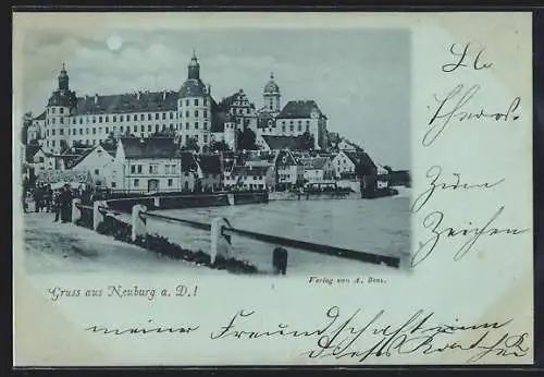 Mondschein-AK Neuburg a. D., Blick auf den Ort mit Flusspartie
