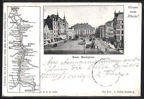 AK Bonn /Rhein, Marktplatz mit Kutschen und Karte des Rheins