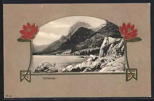 AK Hintersee / Berchtesgaden, Bergpanorama mit Jugendstil-Rahmen