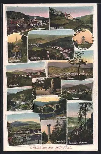 AK Gernsbach /Murgtal, Ortsansicht, Staufenberg, Klingel-Kapelle, Weissenbach und Staufenberg