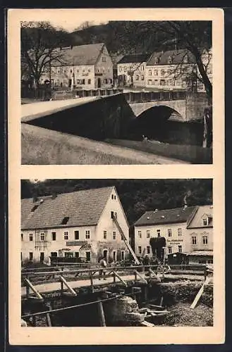 AK Bad Berggiesshübel, Die Brücke vor und nach dem Unwetter 1927