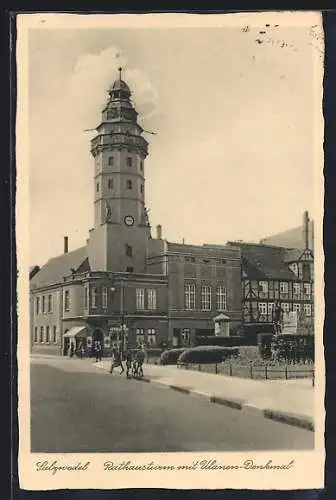 AK Salzwedel, Rathausturm mit Ulanen-Denkmal