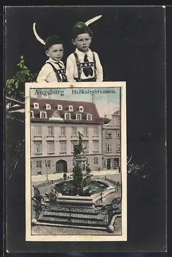 AK Augsburg, Herkulesbrunnen mit zwei Jungen in Trachten