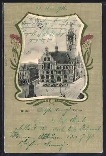 AK Dessau, Rathaus mit Marktplatz und Pferdekutschen