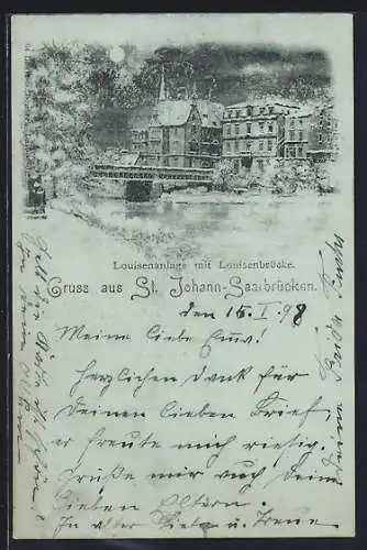 Mondschein-AK St. Johann-Saarbrücken, Louisenanlange mit Louisenbrücke