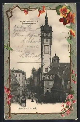 AK Frankfurt a. M., Rathausturm mit Strassenbahn, Blumen-Passepartout