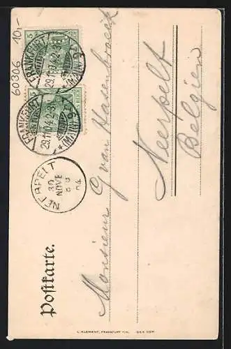 AK Frankfurt a. M., Rathausturm mit Strassenbahn, Blumen-Passepartout