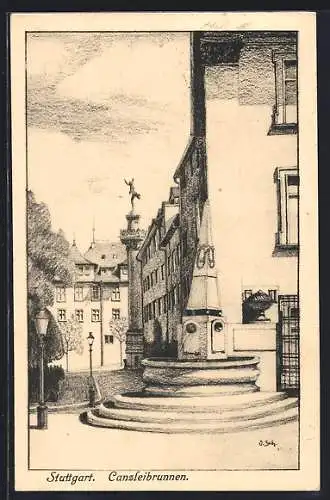 Künstler-AK Stuttgart, Blick auf den Canzleibrunnen