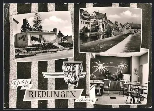AK Riedlingen /Donau, Café Bachtler, Innenansicht und Flusspartie