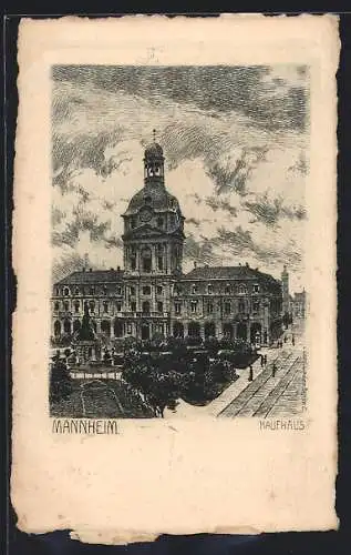 Künstler-AK Mannheim, Kaufhaus mit Denkmal