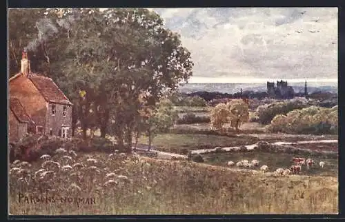 Künstler-AK Hewick, Ripon from Bridge Hewick
