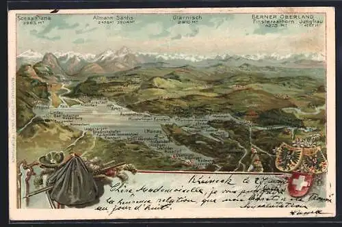 AK Lindau / Bodensee, Landkarte der Umgebung mit dem Bodensee und den Wappen
