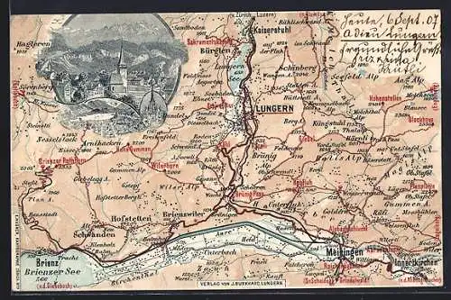 Lithographie Lungern, Landkarte mit Brünig, Wilerhorn und Meiringen, Ortspartie mit Kapelle