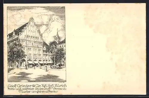 Künstler-AK Zürich, Seidenstoff-Versand Adolf Grieder & Cie