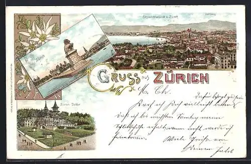 Lithographie Zürich, Löwendenkmal, Gesamtansicht, Blick auf Dolder