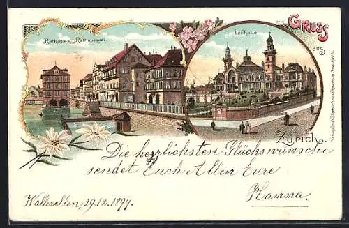 Lithographie Zürich, Tonhalle, Rathaus und Rathausquai