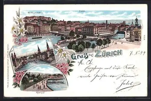 Lithographie Zürich, verschiedene Ortsansichten, Alpenquai
