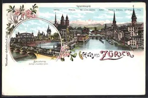 Lithographie Zürich, Gesamtansicht mit Mythen, Glärnisch und Windgelle, Bahnhofbrücke mit Bahnhof und Landesmuseum
