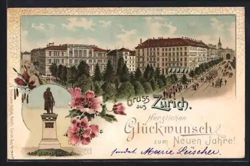 Lithographie Zürich, Strassenpartie mit Strassenbahn, Pestalozzi-Denkmal, Neujahrsgruss