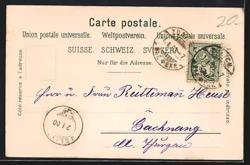 Lithographie Zürich, Strassenpartie mit Strassenbahn, Pestalozzi-Denkmal, Neujahrsgruss