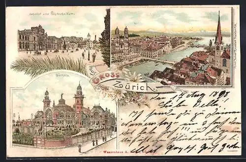 Lithographie Zürich, Teilansicht, Tonhalle, Bahnhof und Polytechnikum