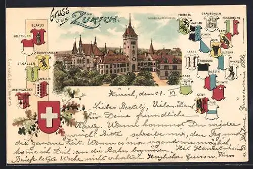 Lithographie Zürich, Schweiz. Landesmuseum mit Wappen