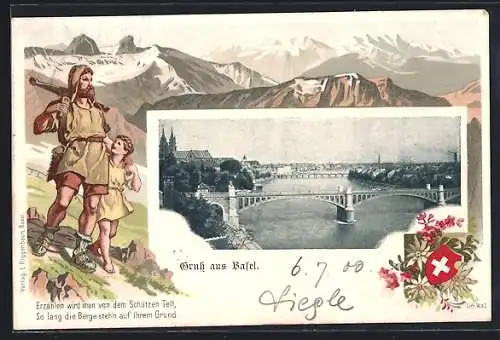 AK Basel, Stadtpanorama mit Brücke, Wilhelm Tell mit Sohn