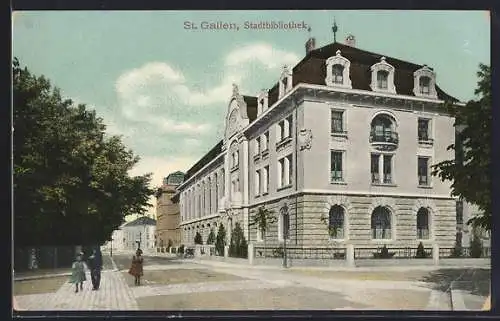 AK St. Gallen, Stadtbibliothek mit Strassenpartie