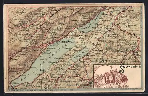 Lithographie Neuchâtel, Le Château, Landkarte mit Avenches, Bern und Le Locle