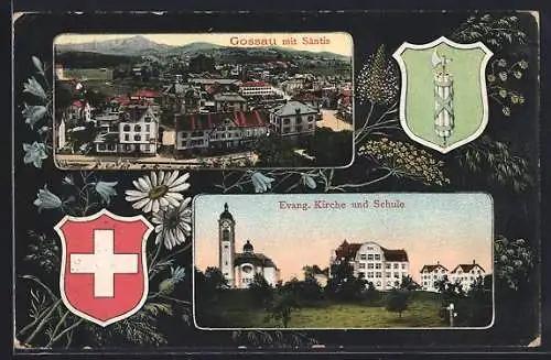 AK Gossau /SG, Teilansicht mit Säntis, Evangelische Kirche und Schule Wappen, Passepartout