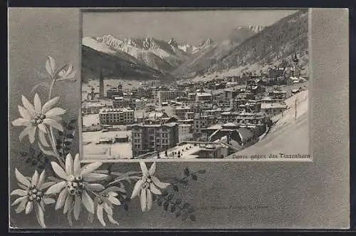 AK Davos, Teilansicht gegen das Tinzenhorn im Schnee, Edelweiss, Passepartout