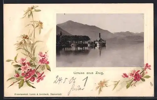 Lithographie Zug, Uferpartie mit Dampfer, Edelweiss, Passepartout