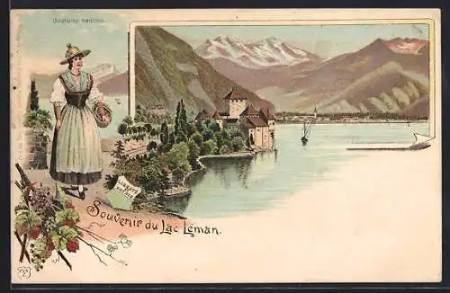 Lithographie Lac Léman, Chillon et Costume vandois