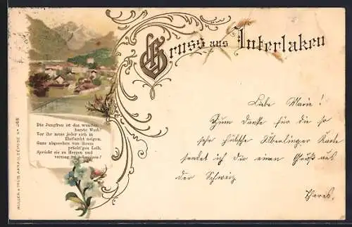 Lithographie Interlaken, Ortsansicht aus der Vogelschau