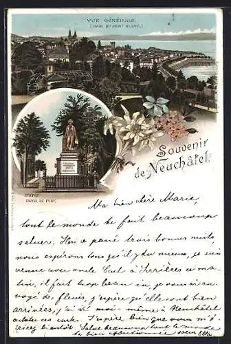 Lithographie Neuchâtel, Statue David de Pury, Vue Générale