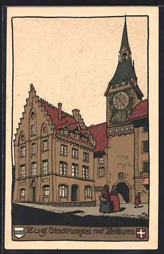 Steindruck-AK Zug, Stadtkanzlei mit Zeitturm