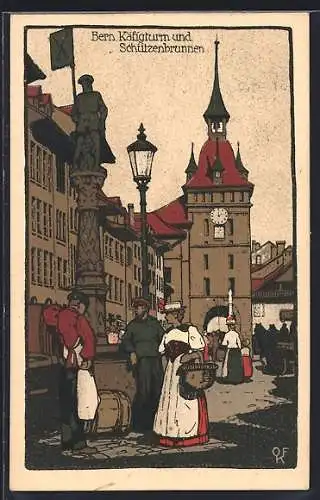 Künstler-AK Bern, Käfigturm und Schützenbrunnen
