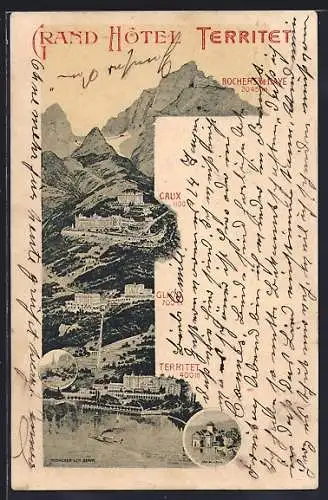 Lithographie Territet, Grand-Hôtel, Glion und Caux, Chateau de Chillon