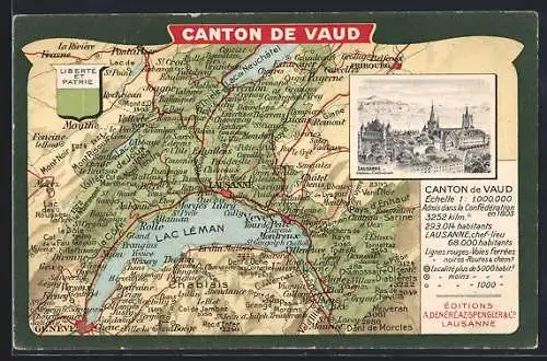 AK Lausanne, Ortsansicht, topographische Karte des Kantons Vaud mit Lac Leman