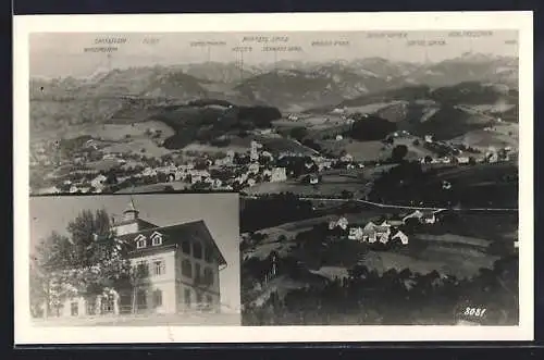 AK Heiden, Ortsansicht aus der Vogelschau mit Kirche, Hotel & Pension Fünfländerblick