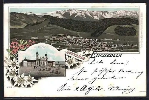 Lithographie Einsiedeln, Kloster, Panorama mit Bergen