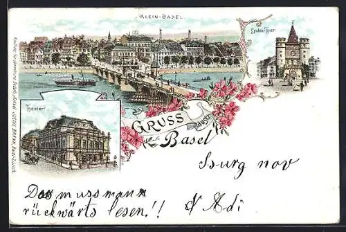 Lithographie Basel, Theater, Spalen-Thor, Panorama von Klein-Basel