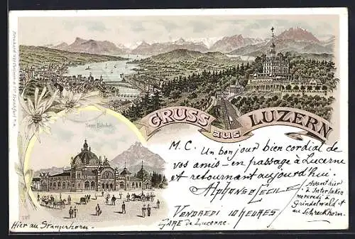 Lithographie Luzern, Panorama, Neuer Bahnhof & Bergbahn