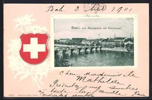 AK Basel, alte Rheinbrücke mit Kleinbasel, geprägtes Wappen