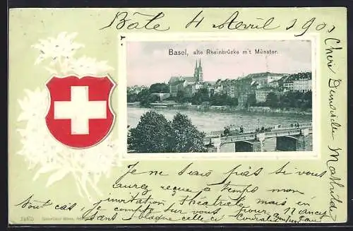 AK Basel, alte Rheinbrücke mit Strassenbahn, geprägtes Wappen