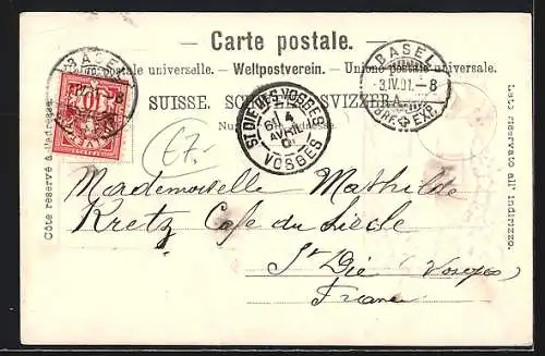 AK Basel, alte Rheinbrücke mit Strassenbahn, geprägtes Wappen