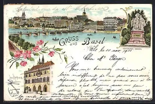 Lithographie Basel, Ortsansicht mit Rheinbrücke, Strassburger Denkmal und Rathaus